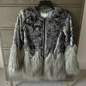 Fabulous Furs Sequin Shimmer Faux Fur-Trimmed Jacket Size Small $250